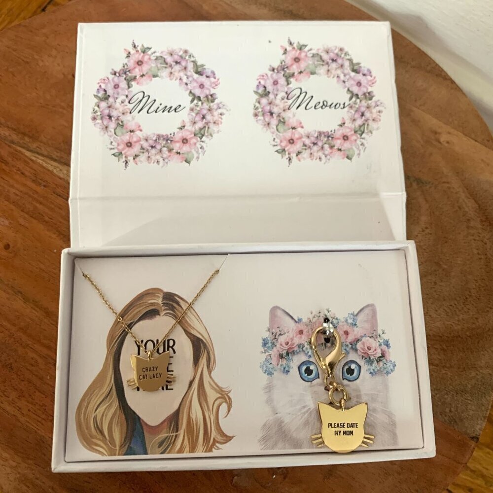 Grace + OK 1984 "Best Friends" Cat Lover Necklace & Cat Collar Charm Set Gold